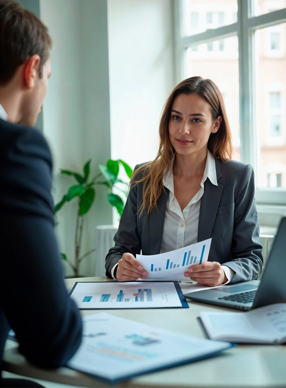 Business consultant discussing financial charts