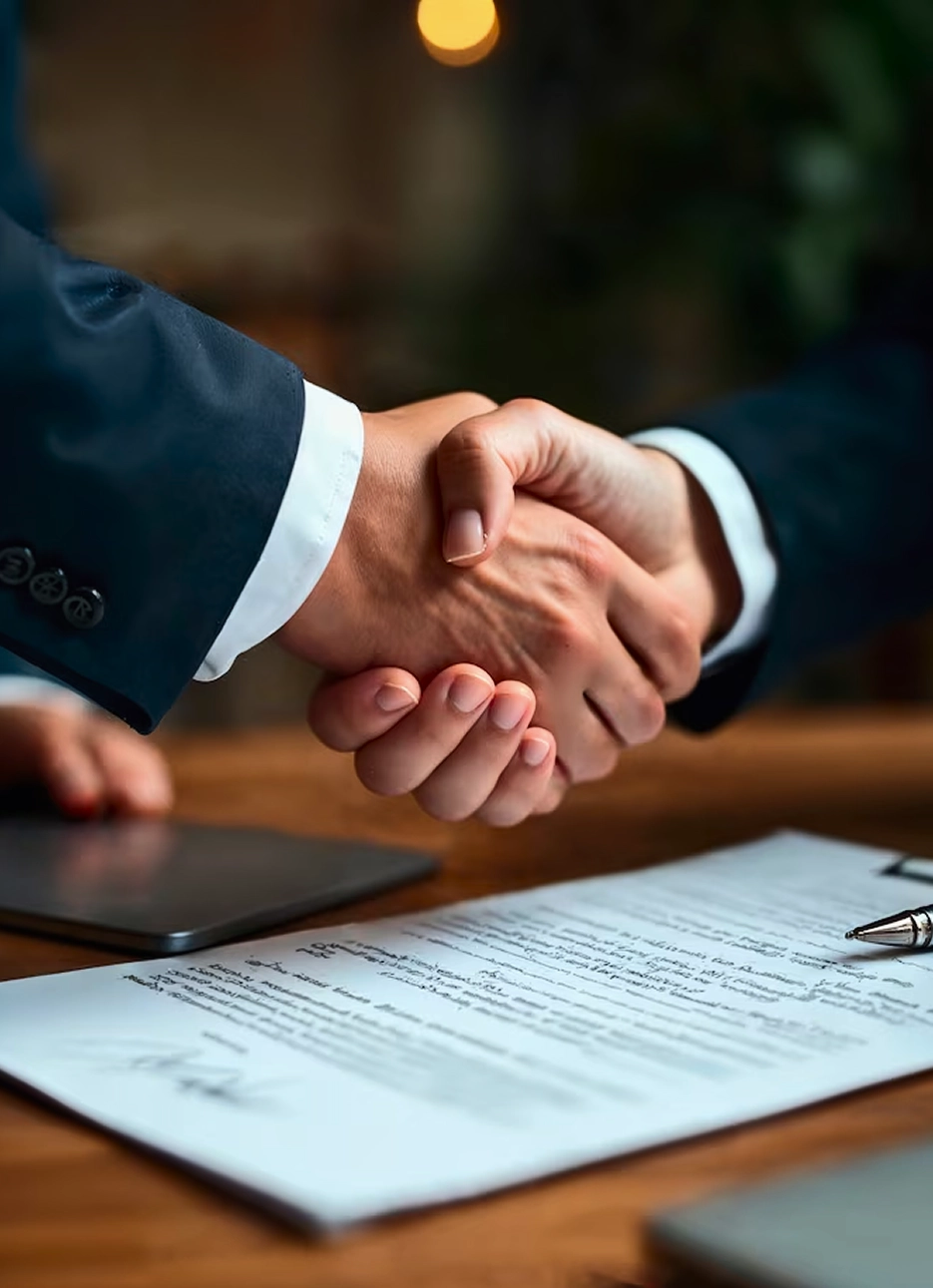 Business professionals shaking hands over a contract